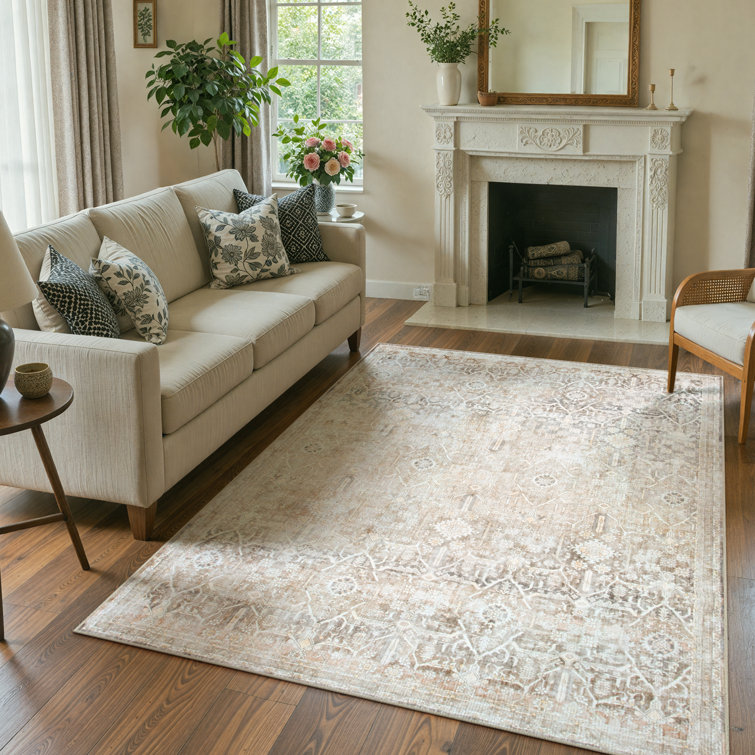 Vintage Tribal Oriental Area Rug with Non-Slip Backing - Distressed Beige Faux Cashmere Washable Rug for Bedroom & Living Room