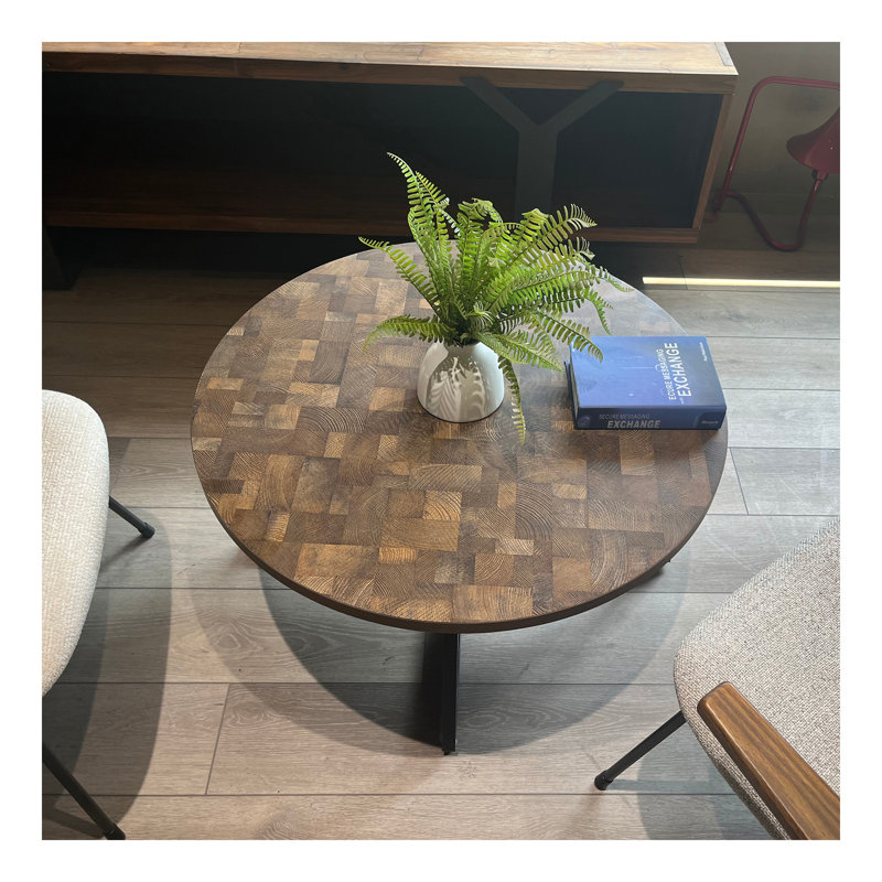 Table basse ronde grain de bois et métal noir