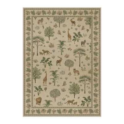Sofia Wildlife Pattern Washable Faux Linen Area Rug With Non-Slip Backing