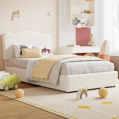 Twin Size Upholstered Bed Frame for Kids with 2 Storage Drawers, Cute Blue Velvet Headboard & Sturdy Wooden Slats, Low to Ground, Noise-Free, No Box Spring Needed, Easy Assembly, Beige