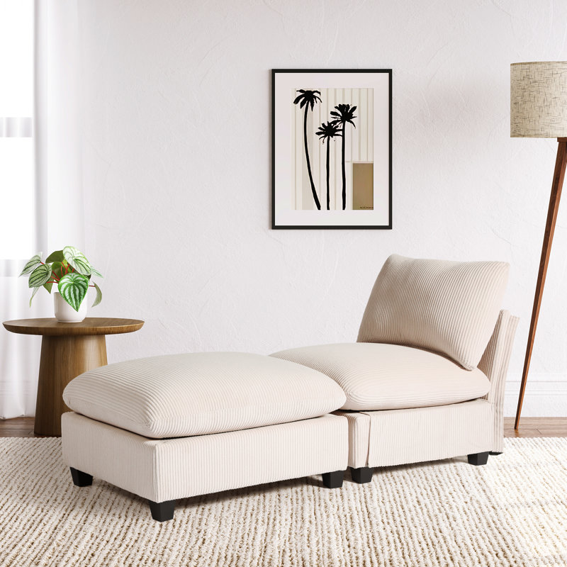 Canapé rembourré simple avec repose-pieds Corduroy, Crème, crème