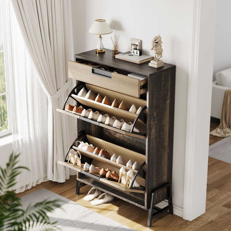 Armoire de rangement pour chaussures autoportante étroite - 2 tiroirs tournants, 1 tiroir coulissant, 3 tablettes réglables pour le vestibule - L'armoire brune contraste avec la surface du tiroir en bois naturel