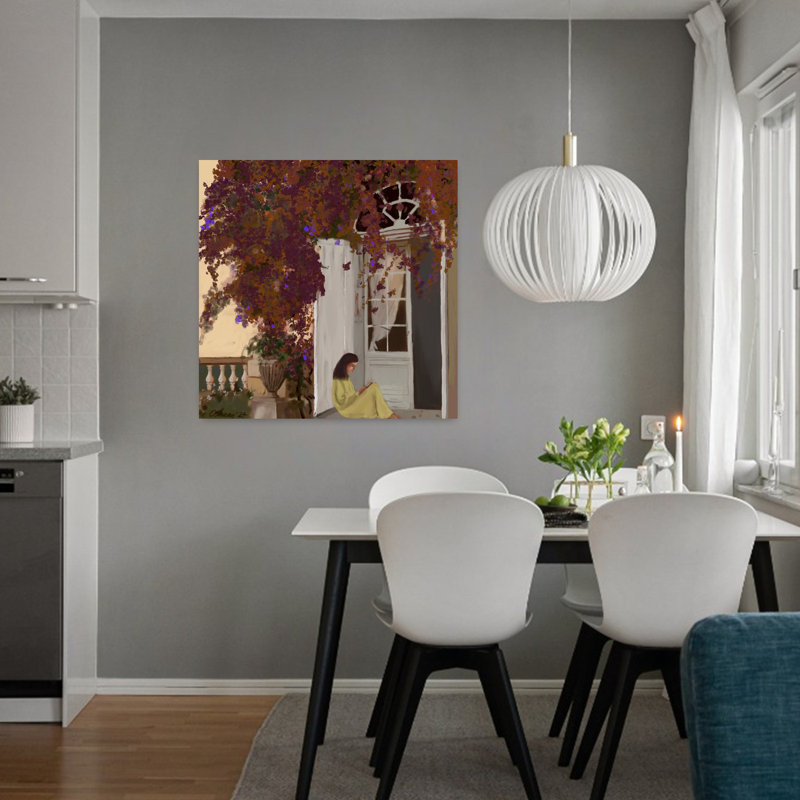 Jardin serein, lecture paisible, architecture sereine, art mural nature, H 32 po x l 32 po