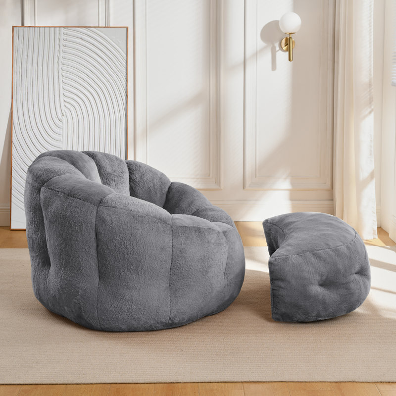 Wilder 46" Petal-Shaped Faux Rabbit Fur Bean Bag Chair with Ottoman - Luxury Floor Seating for Bedroom, Living Room & Study