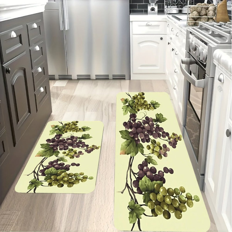 Tapis de cuisine jaune clair avec raisins et aquarelle, 2 pièces pour une décoration douillette
