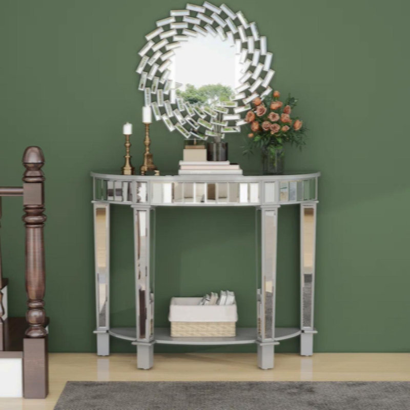 Mirrored Glass Console Table With Open Storage Shelves