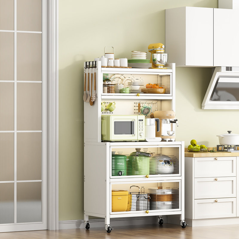 Grand support de boulanger de cuisine avec armoire à portes rabattables, buffet à 5 niveaux pour four à micro-ondes, bar à café, étagère de rangement pour garde-manger