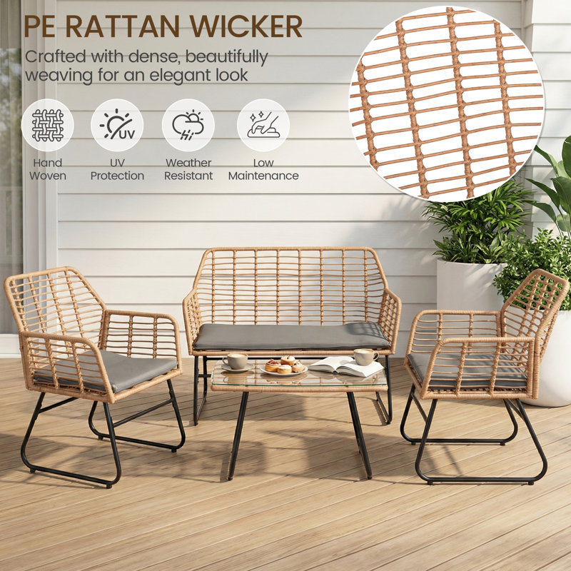 4-Piece PE Rattan Outdoor Lounge Set - Garden Balcony Furniture with Glass Coffee Table