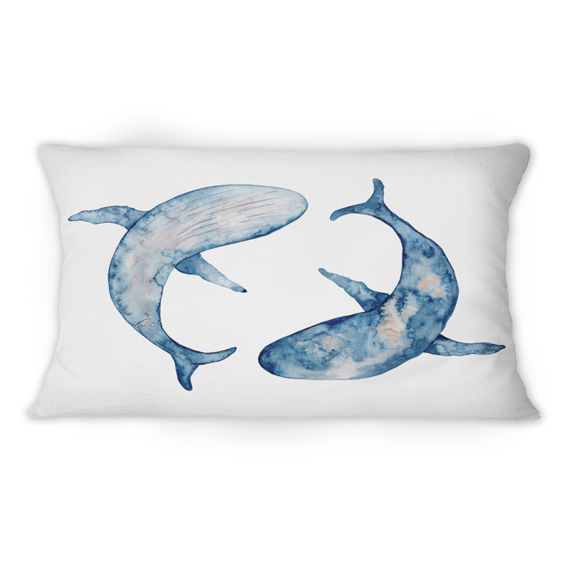Illustration de l'aquarelle de baleines bleues sur fond blanc - Coussin décoratif imprimé nautique et côtier 1