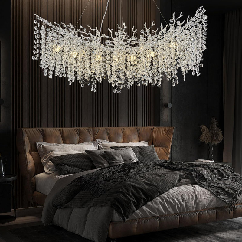 Lustre moderne en cristal K9, H 17,72 po x l 47,24 po x P 19,69 po, Argent argent, 14 lumières