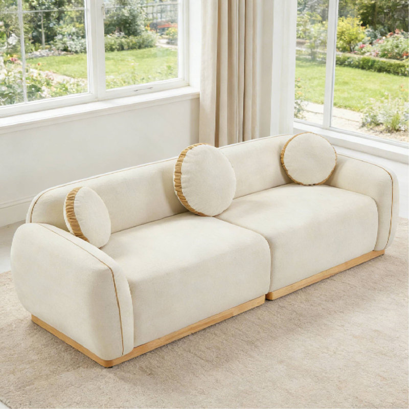 Ensemble de canapés modernes 90,94 po, 3 coussins décoratifs ronds pour le coin-détente du cinéma maison, Beige/White