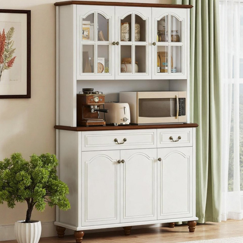 Buffet de cuisine blanc avec 6 portes, 2 tiroirs et 3 tablettes réglables à 3 niveaux