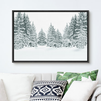 Hiver, pin, forêt, décor de Noël, paysage enneigé, décor de vacances, impression sur toile encadrée