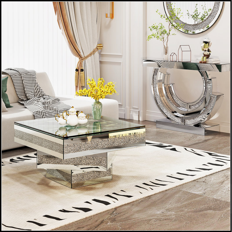 Table basse en verre à miroir Modern Modern Glam avec incrustation de losanges en acrylique, parfaite pour les salons contemporains et les décors élégants.