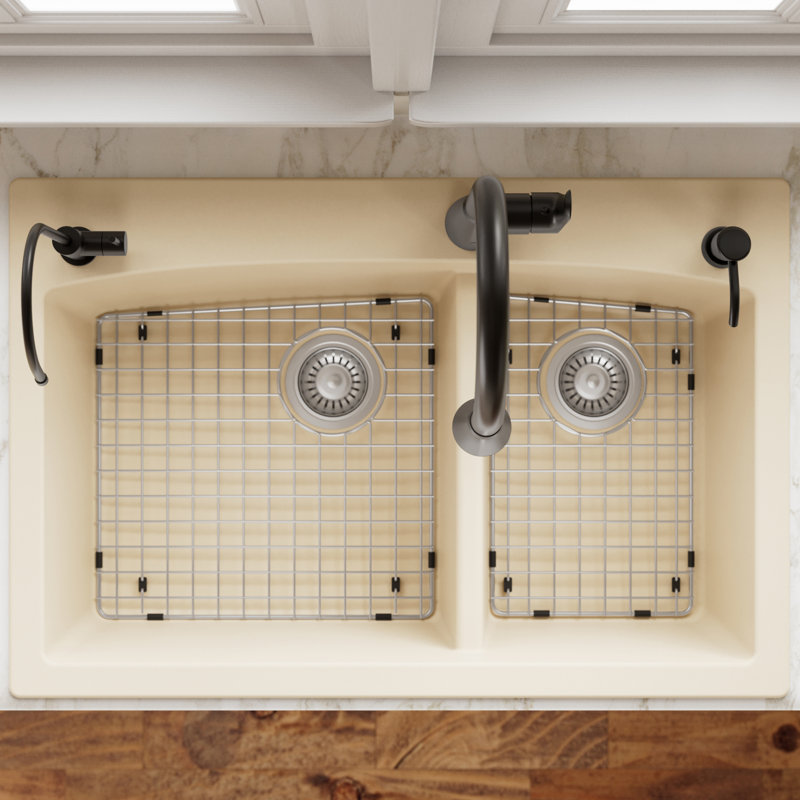 Ensemble d'évier de cuisine à double cuve à montage sur le dessus 60/40 Karran Quartz 33 "X 22", Bisque