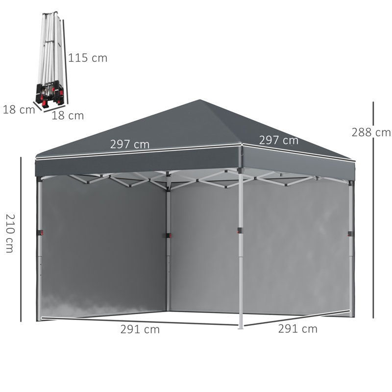 3 x 3m Grey Pop Up Gazebo with 2 Sidewalls, Height Adjustable Garden Canopy Party Tent with Wheeled Carry Bag