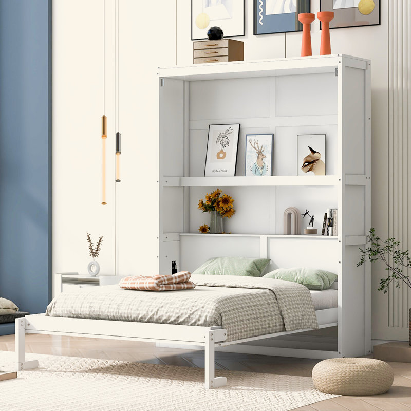Lit escamotable double pleine grandeur avec tablettes, blanc