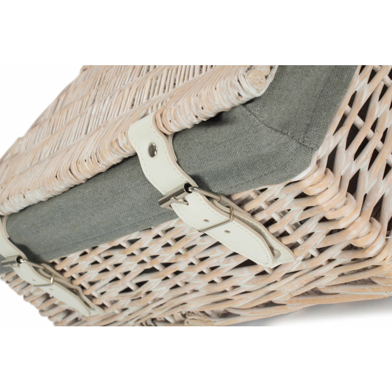 14" Wicker Picnic Hamper Basket with Lining, White Wash/Grey