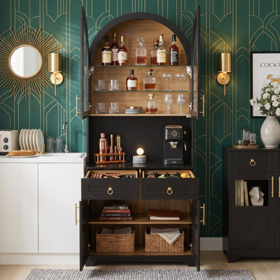 75" Tall Arched Bar Cabinet with LED Lights & Power Outlets, Farmhouse Coffee Bar Hutch with Wine Glass Storage