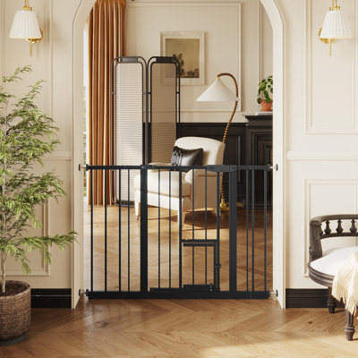 Baby Gate with Cat Door, 29.5-44.1" Metal Pet Door for Stairs & Doorways,Pressure Mounted,No Tools Needed, Black