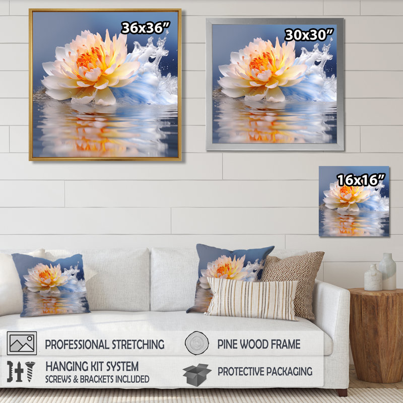 Fleur de lotus blanc flottant, reflet de l'eau - décoration murale Lotus, Cadre flottant noir, bois massif, H 16 po x l 16 po