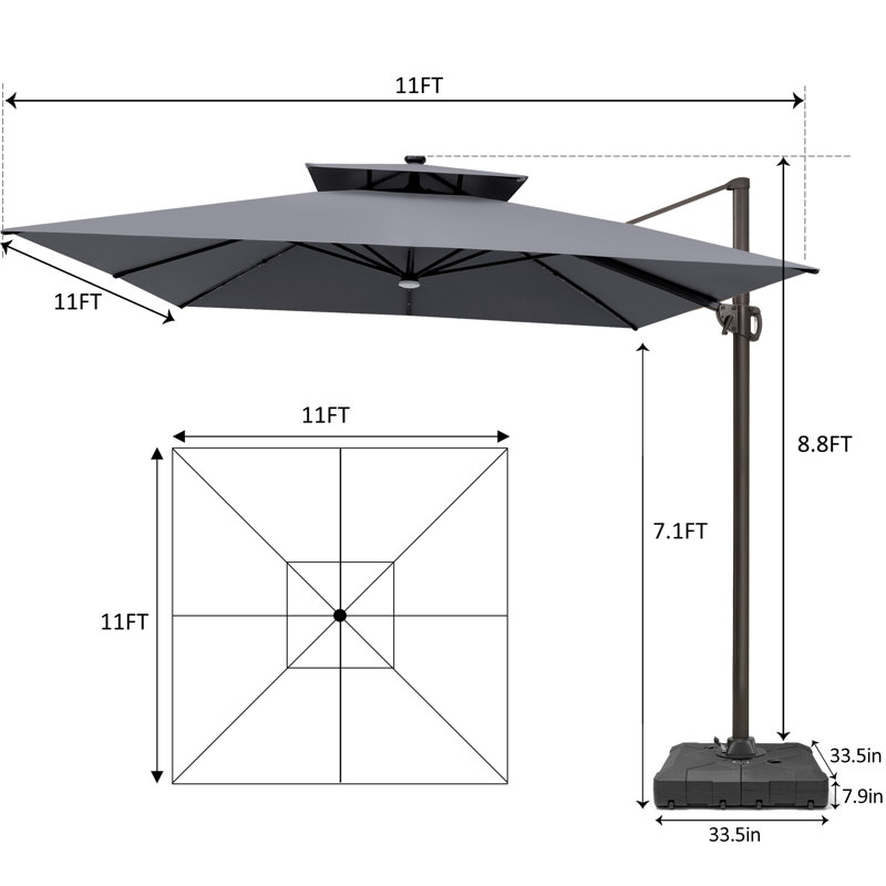 Parasol extérieur carré en porte-à-faux à DEL 128 po x 128 po, base de poids incluse, Gris