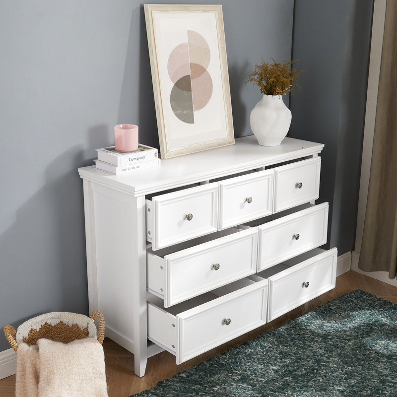 Commode 7 tiroirs pour le rangement des vêtements - Armoire blanche avec poignées en métal classiques et commode à glissières larges