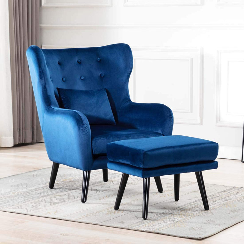 Glennon Upholstered Wingback Chair, Navy with Footstool