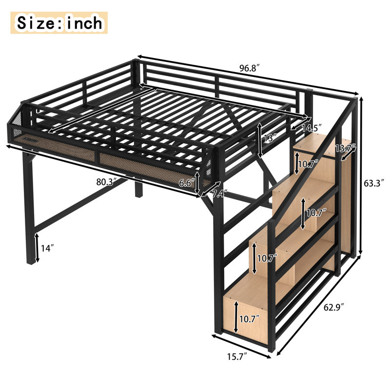 Queen Loft Bed with Storage Stairs, Shelves & Built-in Wardrobe, USB Ports & LED Lights, Noise-Reduced, Natural Wood, Queen