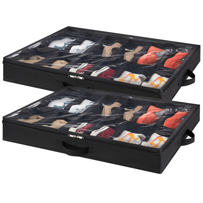 Under Bed Shoe Storage Organizer Set Of 2, Foldable Fabric Shoes Container Box With Clear Cover See Through Window Storage Bag With 2 Handles Total Fits 24 Pairs Of Shoes, Black
