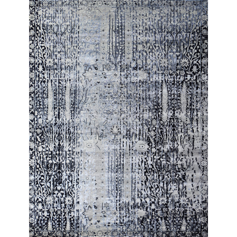 Hand Knotted Area Rug in Grey And Charcoal, Rectangle 10' x 14'