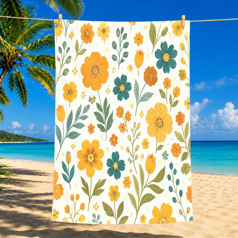 1 serviette de plage bohémienne à motif floral, avec des motifs de marguerites et de tulipes rétro dans une esthétique rétro. Grande microfibre à séchage rapide pour piscine, voyage, unisexe.