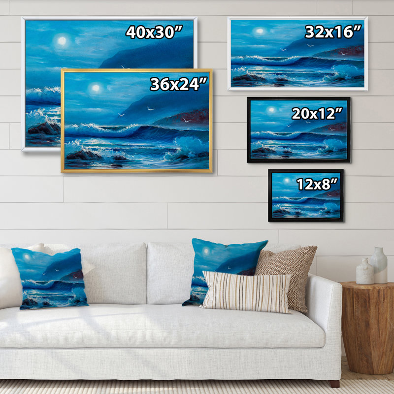 «Beautiful Blue Ocean Moom And Waves», reproduction sur toile flottante, H 24 po x l 36 po x P 1 po, Cadre flottant blanc