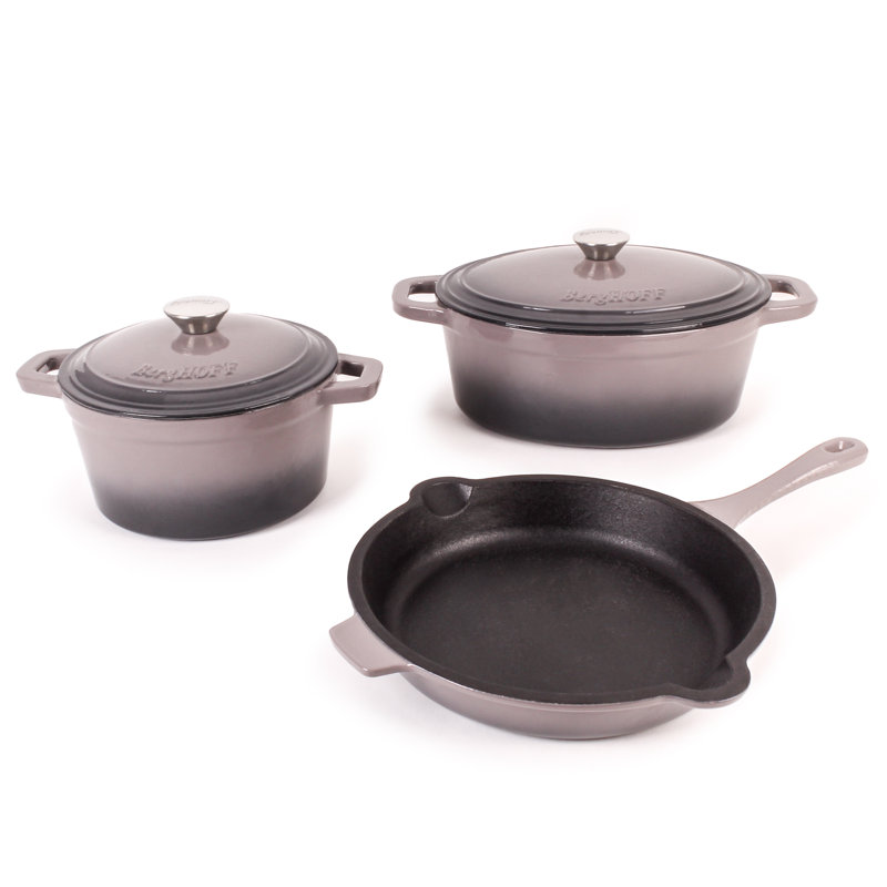 Batterie de cuisine en fonte 5 pièces BergHOFF Neo avec 3 pintes, 5 pintes Fours hollandais couverts et poêle à frire, Gris