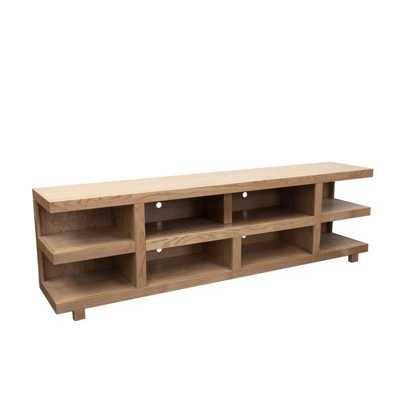 Support 85 po pour téléviseur 95 po, finition naturelle, chêne, sans assemblage, 4 tablettes, support à ouvertures dissimulées en fil métallique de 85 po, 95 po naturel, assemblage requis, trous de cordon