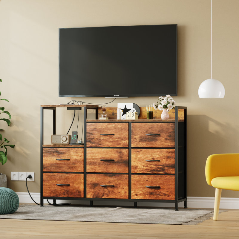 TV Stand with Open Storage Shelves and Charging Station, Entertainment Center with 8 Fabric Drawer, TV Media Console Table with Wood Top, Storage Organizer
