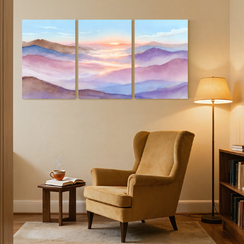 Abstrait paysage de montagne, coucher de soleil, ciel, nuages, aquarelle, ensemble de 3 impressions sur toile