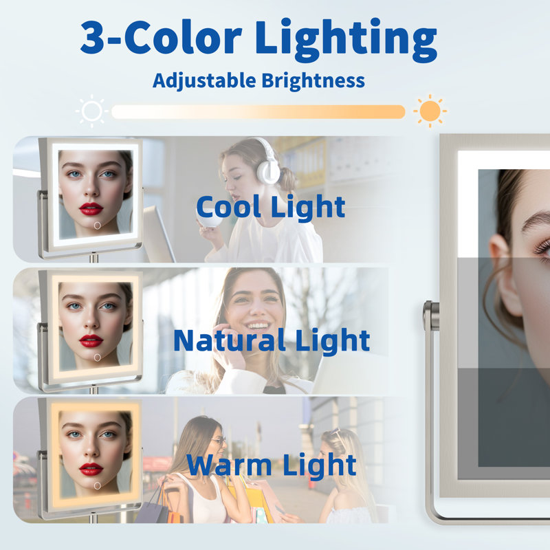  Rechargeable Wall Mounted Makeup Mirror with Lights, Double Sided 1X/10X Magnifying Vanity Mirror with 3 Color Light, Touch Screen Dimmable, 360° Rotation Extension Foldable Arm(Brushed Nickel)