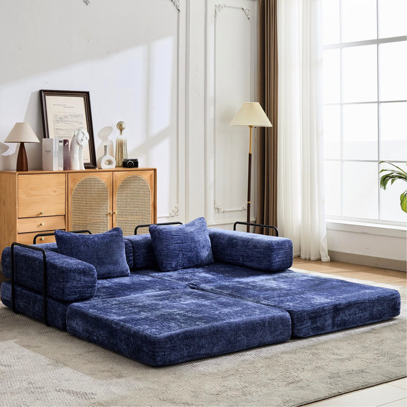 Aucun assemblage requis Lit pliable convertible bleu foncé, compression à 2 places en tissu chenille pour plancher de salle de jeux avec cadre de forme fixe, zones de lecture