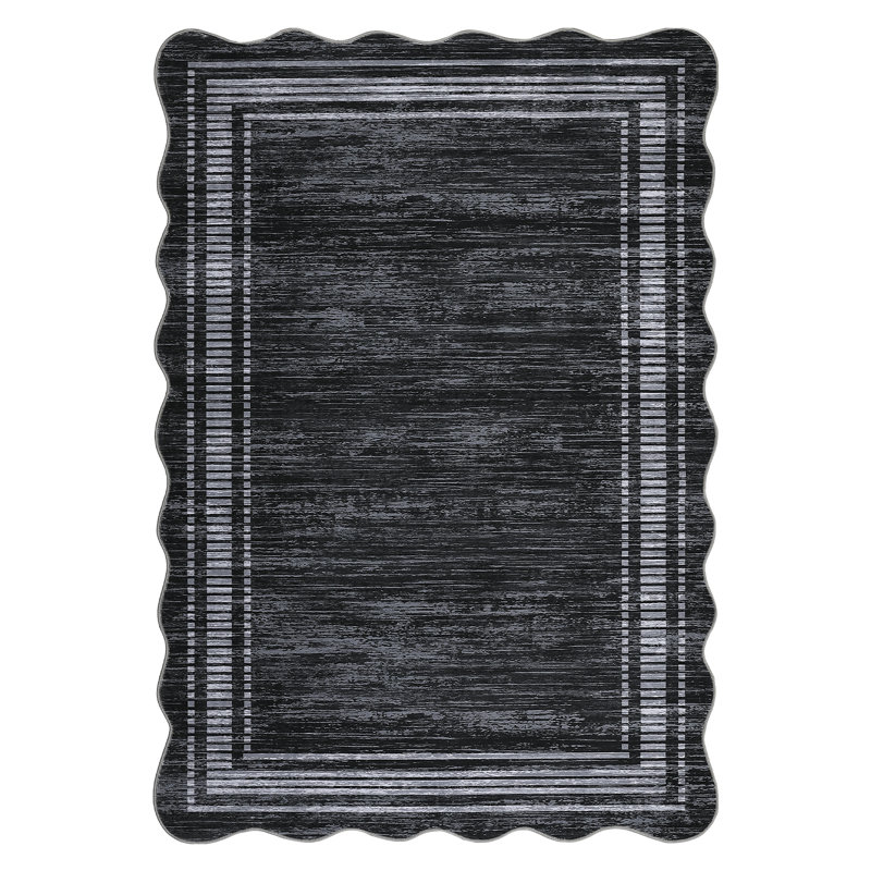 Scalloped Edge Area Rug 8' x 10' Low-Pile Stain-Resistant Fabric Non-Slip Backing Neutral Black Carpet for Living Room Bedroom and Nursery
