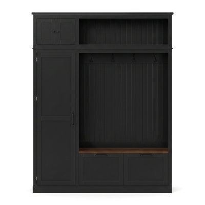 Armoire de rangement multifonctionnelle pour hall d'entrée avec compartiment de rangement supérieur, 3 tablettes latérales réglables, 4 crochets robustes, 2 tiroirs spacieux, un panneau arrière à fentes et un banc bicolore