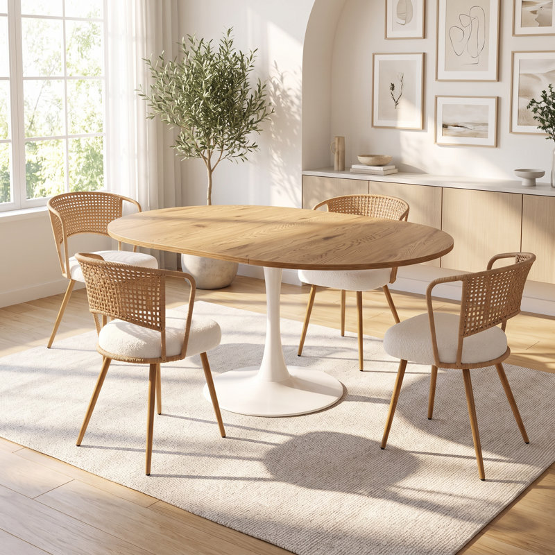 Table de salle à manger extensible ronde-ovale de style moderne du milieu du siècle (147 cm) pour 4 à 6 personnes, avec pied central tulipe en métal, couleur naturelle.