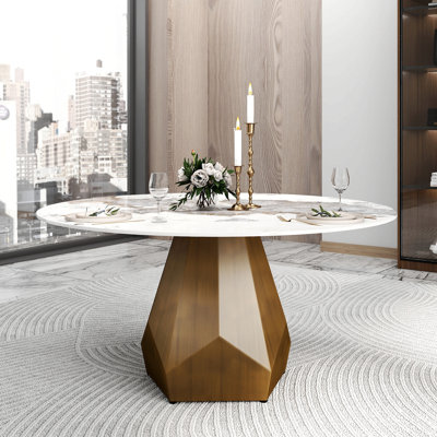 Round Marble Dining Table With Metal Base, Artificial Marble For 6-8 People, Dining Room/Living Room Kitchen Dining Table,White (Dining Table Only)