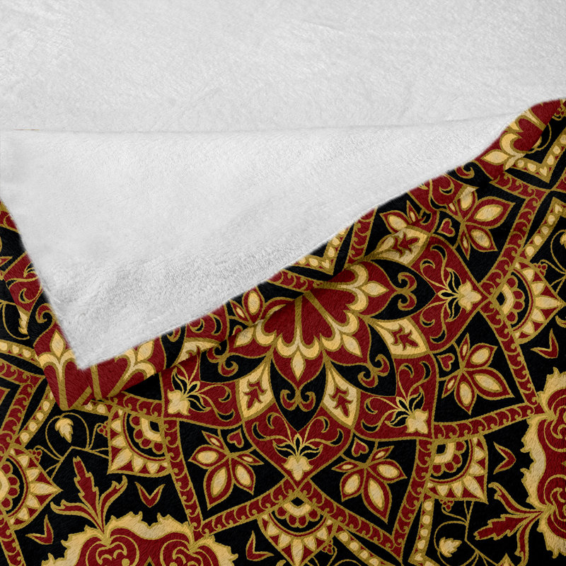Ambesonne Turkish Pattern Fleece Throw Blanket Dark Byzantine Ruby Mustard Black, 50" W x 60" L