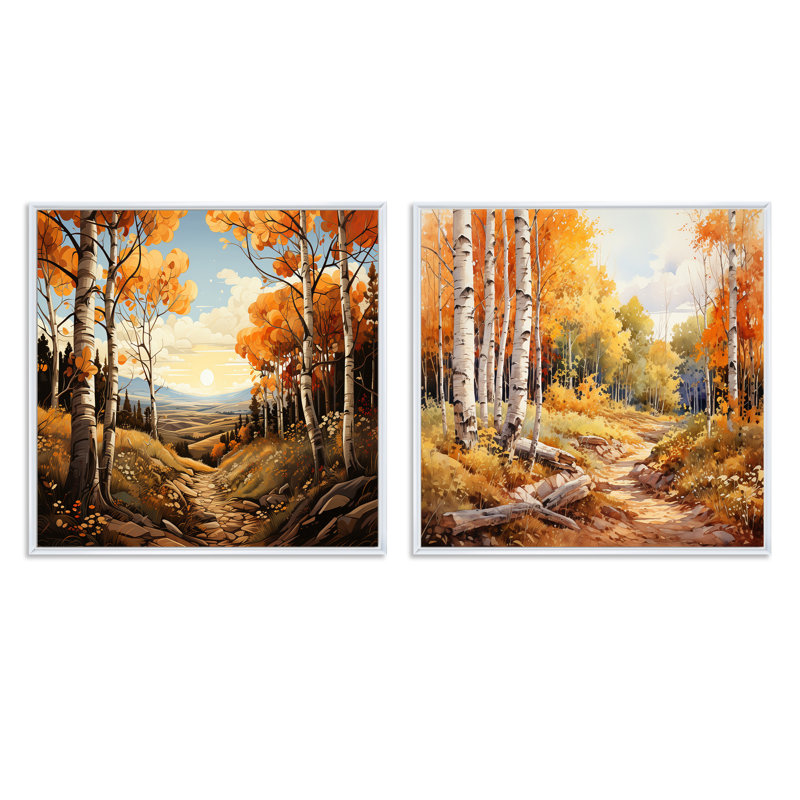 Birch Woods Mystic Moonlight - Ensemble de 2 paysages carrés, Cadre flottant blanc, H 16 po x l 33 po