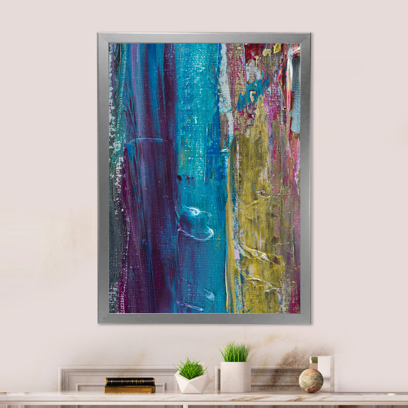 Coups de pinceau bleu clair et blanc III - art moderne et contemporain sur toile, Encadrement argenté