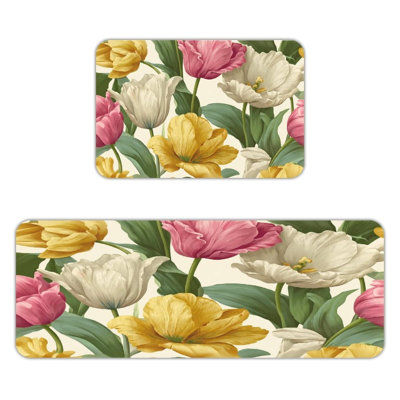 Tulip Floral Pattern, 2 Pcs Non Slip Kitchen Mats