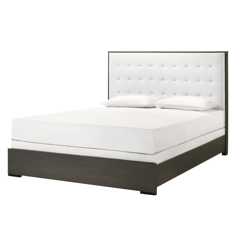 Élégant grand lit à panneau tapissier avec capitonnage à boutons, tête de lit taille gris et beige, tissu, Noir, Grand lit