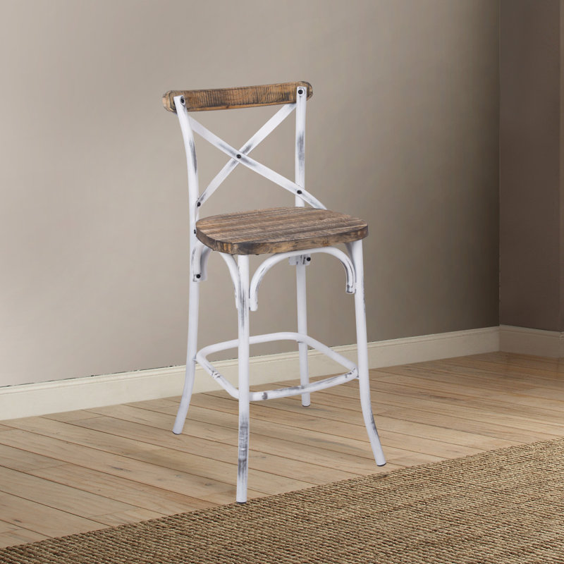 Tabouret de bar à dossier croisé, Blanc / Chêne