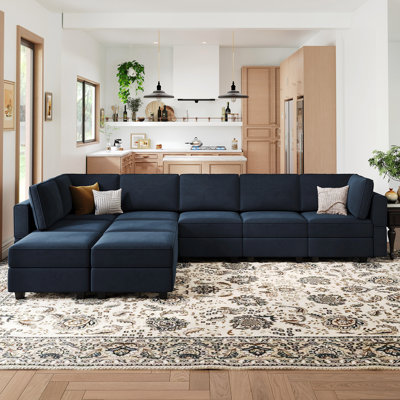 Wylodene 9-Pieces Large L Shaped Velvet Reversible Modular Sofa Sectional Couch-9 Storage Ottomans with 8 Backrests